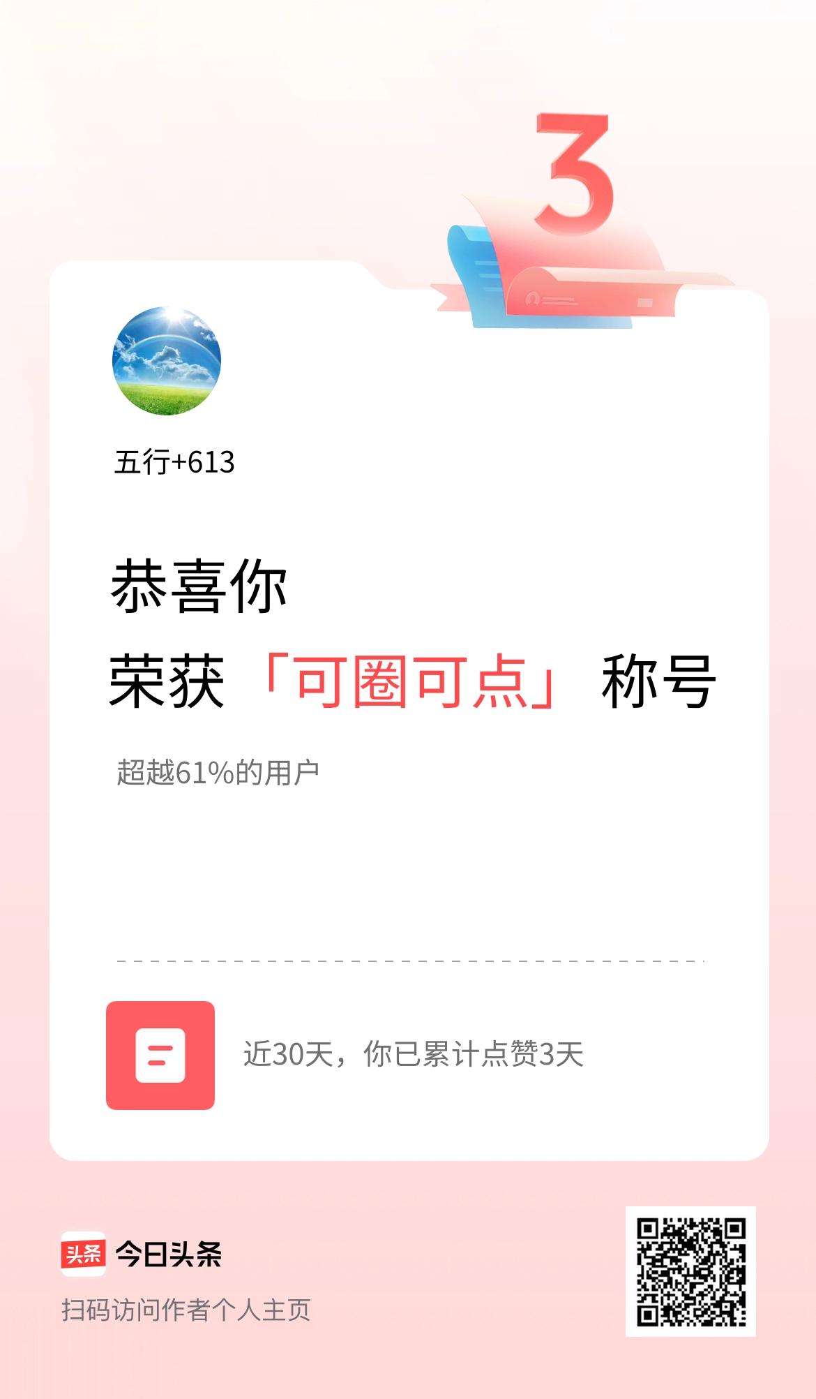 我在头条30天内点赞打卡3天，获得“可圈可点”称号