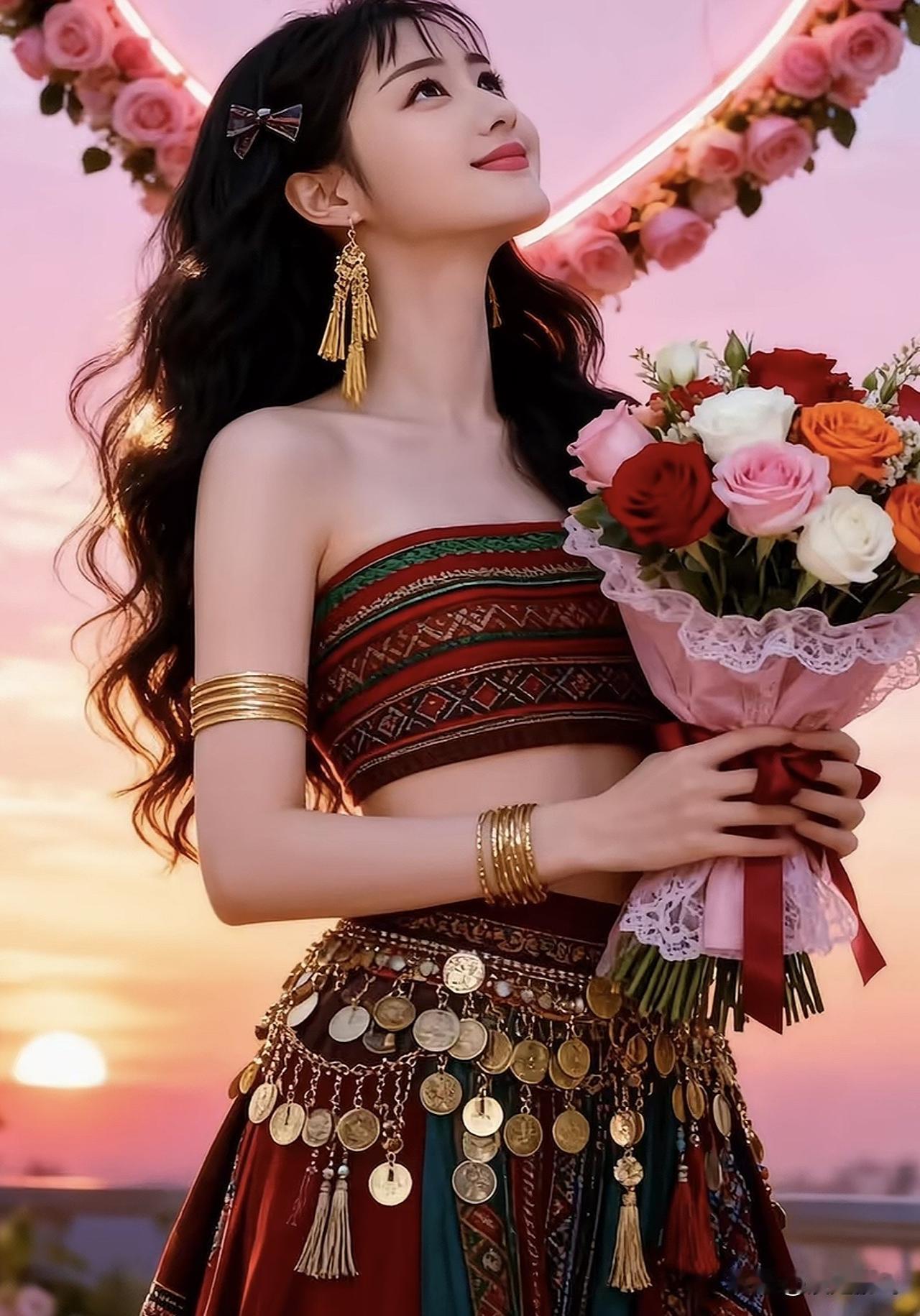 异域风情少女，手捧鲜花，夕阳下的美丽瞬间鲜花少女拍照 玫瑰花美人照 玫瑰美人照 