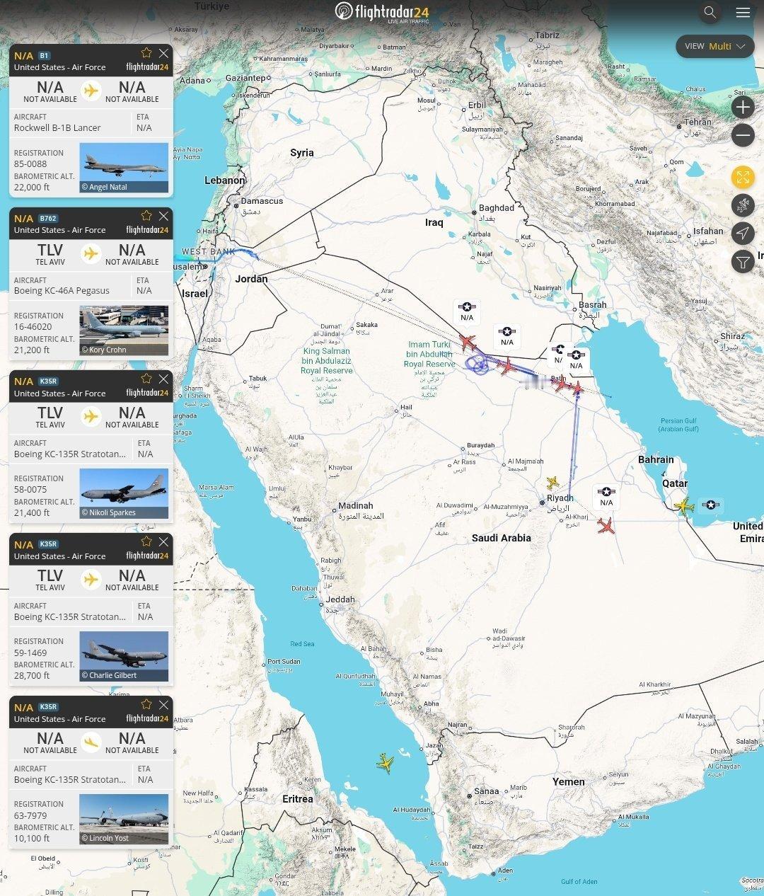当地时间3月16日晚，多架美国空军B-1B“枪骑兵”战略轰炸机正飞往伊朗，美军大