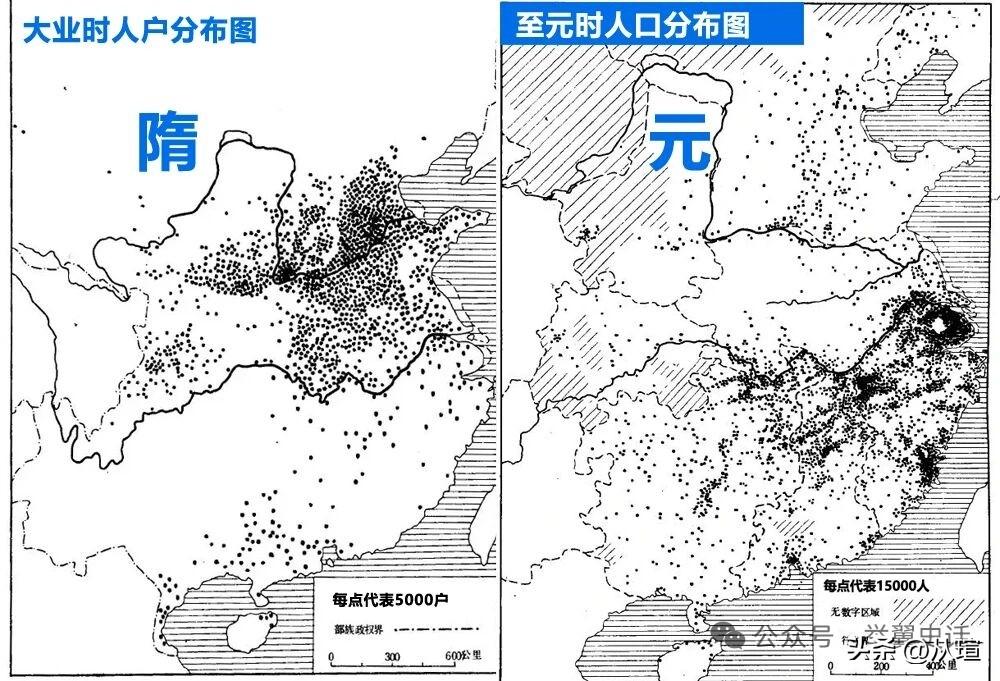 隋朝和元朝时期我国人口分布对比，五代十国时期的衣冠南渡，导致华北平原和中原地区的