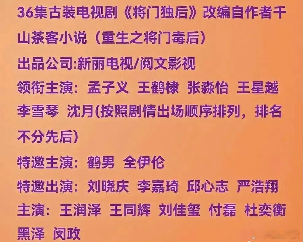 将门毒后番位乱套了，网传六个主演孟子义、王鹤棣、张淼怡、王星越、李雪琴、沈月都平