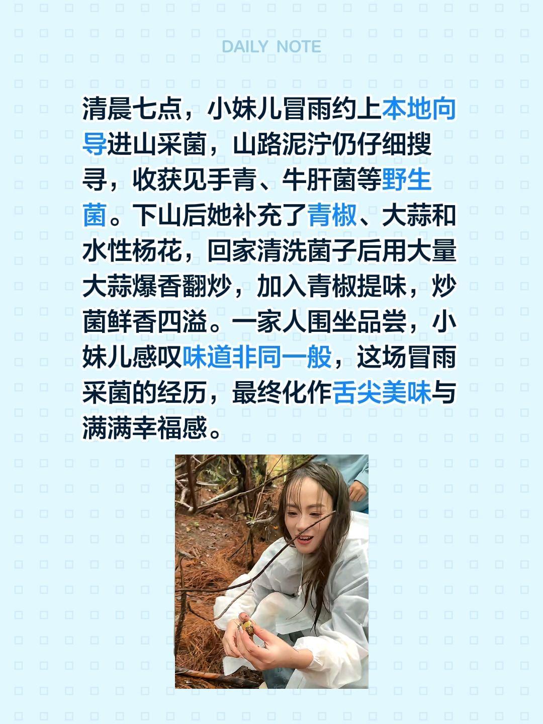 清晨七点，小妹儿冒雨约上本地向导进山采菌，山路泥泞仍仔细搜寻，收获见手青、牛肝菌