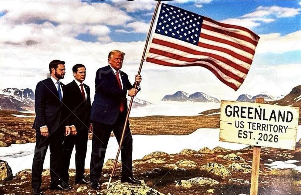 美国统统特朗普1月20日在社媒平台，发布他手拿美国国旗登上格陵兰岛，身后站着美国