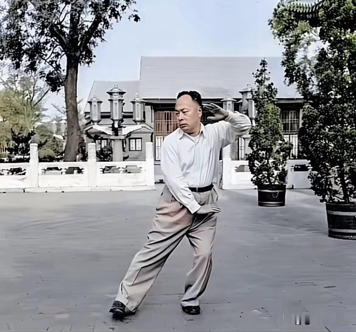 闲暇之余，陈毅元帅在庭院练习太极拳。一招一式舒缓沉稳，在忙碌的工作之余调养身心，