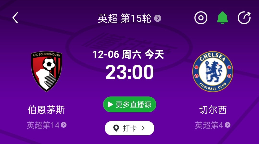 直播预告！比赛时间：12月6日 23:00（22:45开播）伯恩茅斯vs切尔西凯
