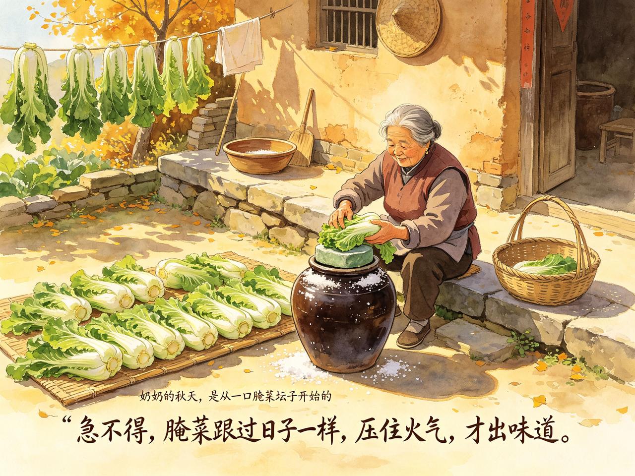 奶奶的秋天，是从一口腌菜坛子开始的。
立秋后挑个大晴天，芥菜疙瘩洗净、晾蔫、码进