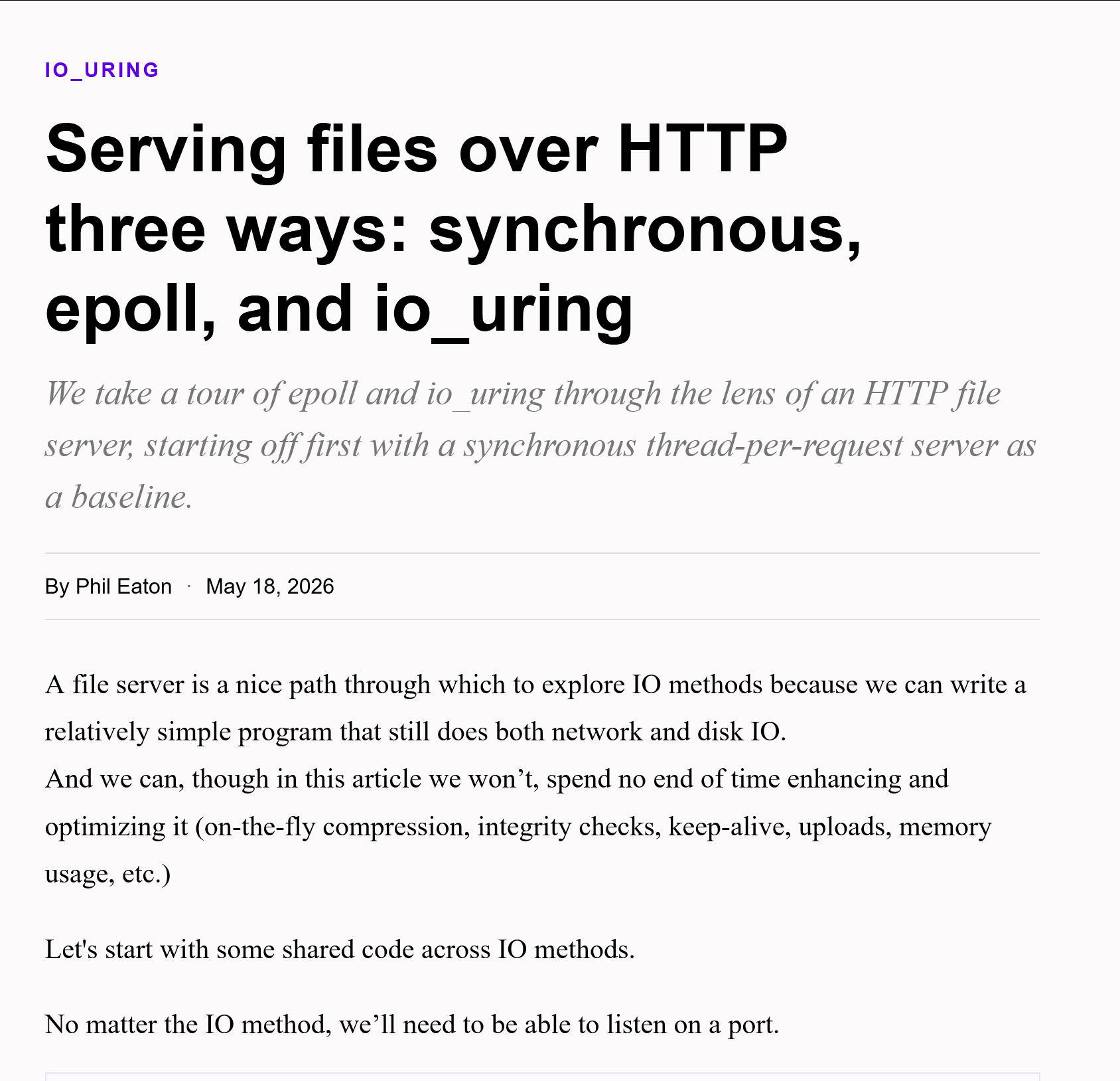 用三种方式通过 HTTP 提供文件服务：同步 I/O、epoll 和 io_ur