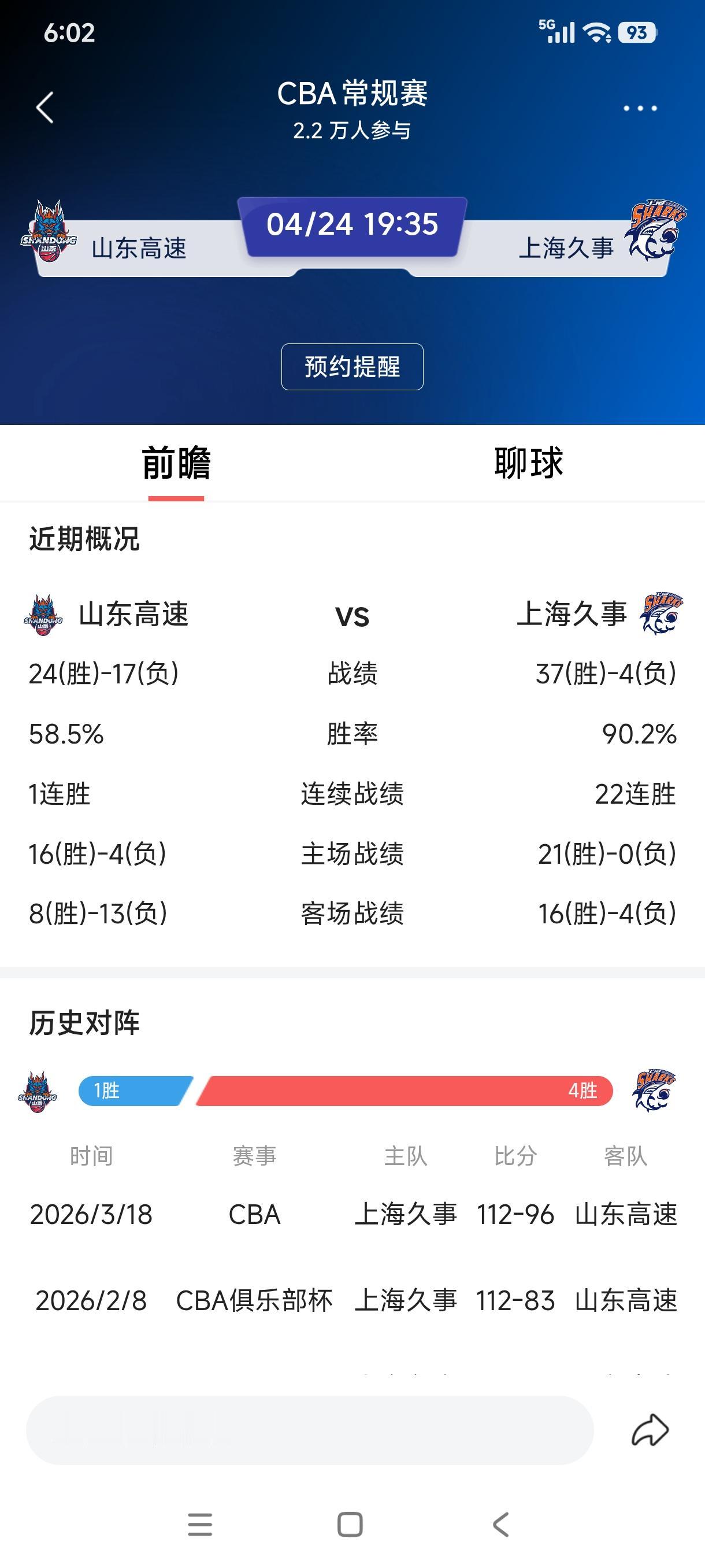 CBA常规赛收官战，山东高速最后一个主场对阵排名榜首22连胜的上海久事，首发阵容