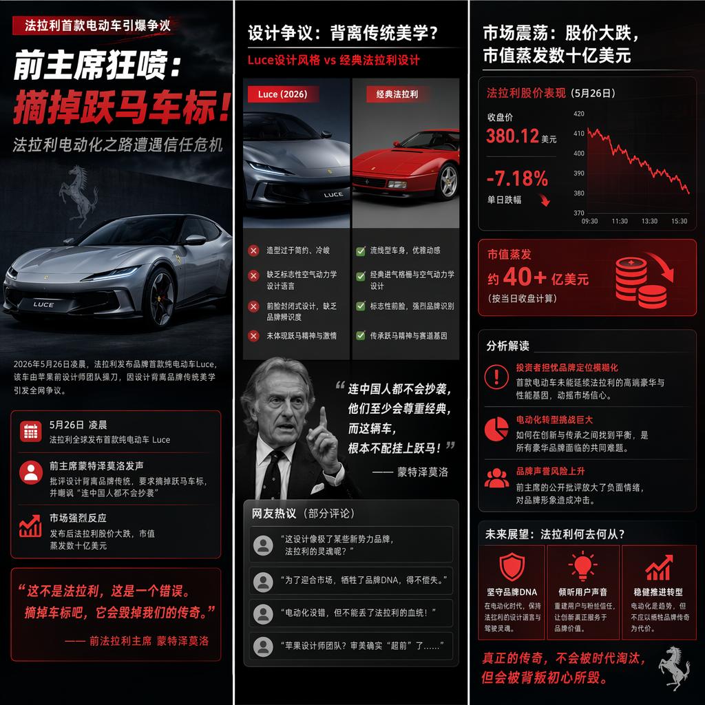 法拉利首款电车被前主席狂喷：设计 “离经叛道”，市值一夜蒸发

2026 年 5