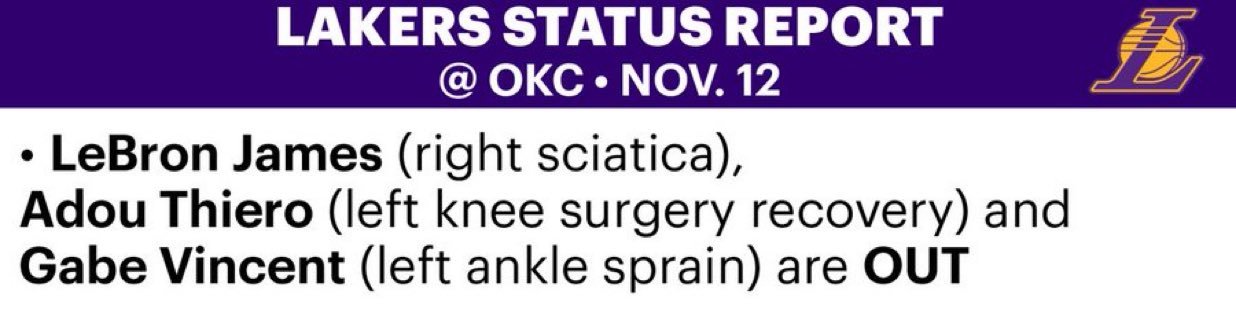 明天对阵卫冕冠军雷霆，湖人伤病名单只有三个名字，詹姆斯、文森特、蒂耶罗。 