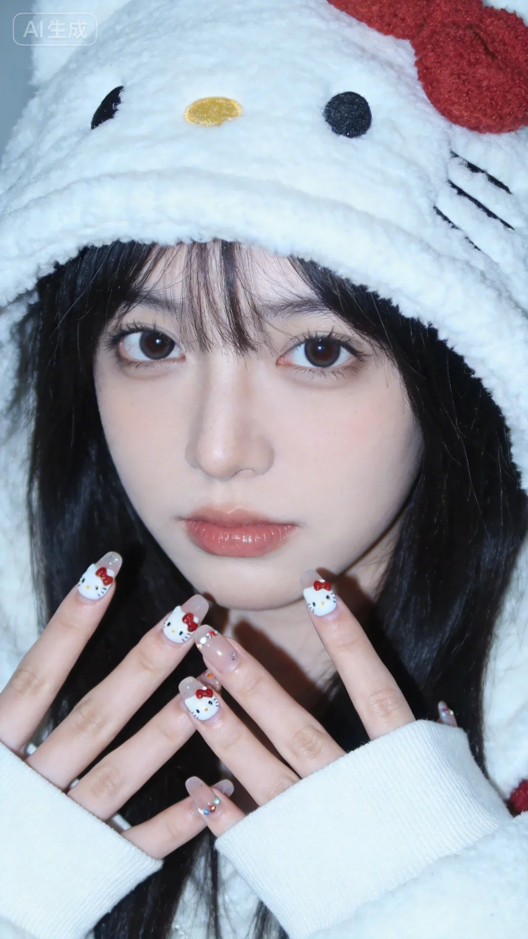 惊艳，亚洲少女。大眼睛。唯美，甜美，梦幻，柔焦，光影。HelloKitty美甲。