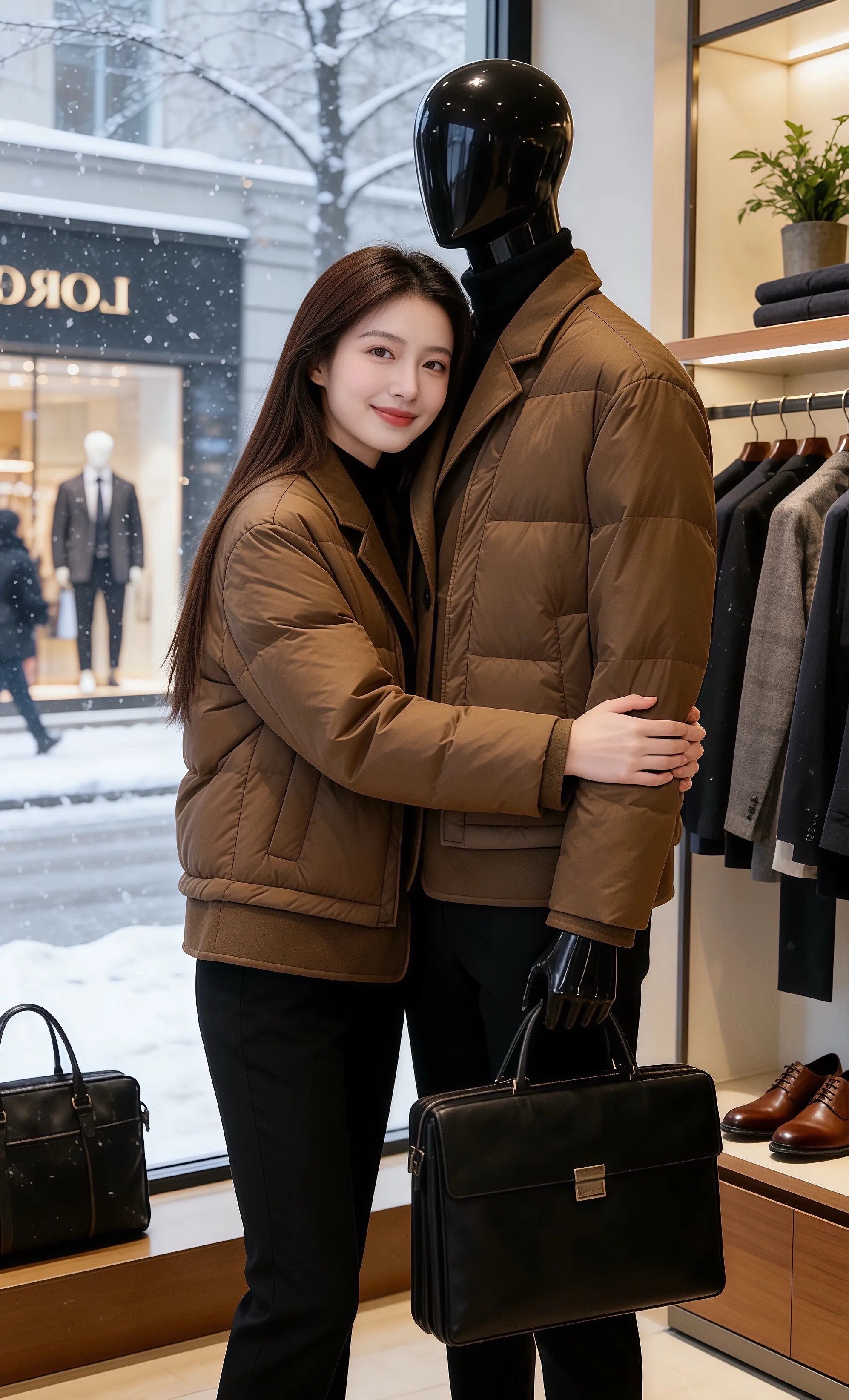 冬日光影里的焦糖色  雪粒落在许妍的发梢，她裹着焦糖色棉服走过橱窗，像...