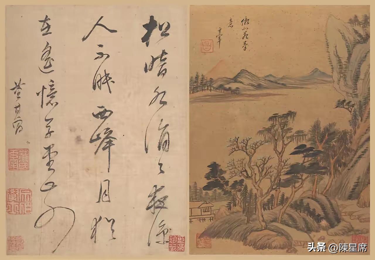 董其昌《山水册页诗八首》书画合册，为晚明董其昌书画合璧的代表作，采用一画一诗的册