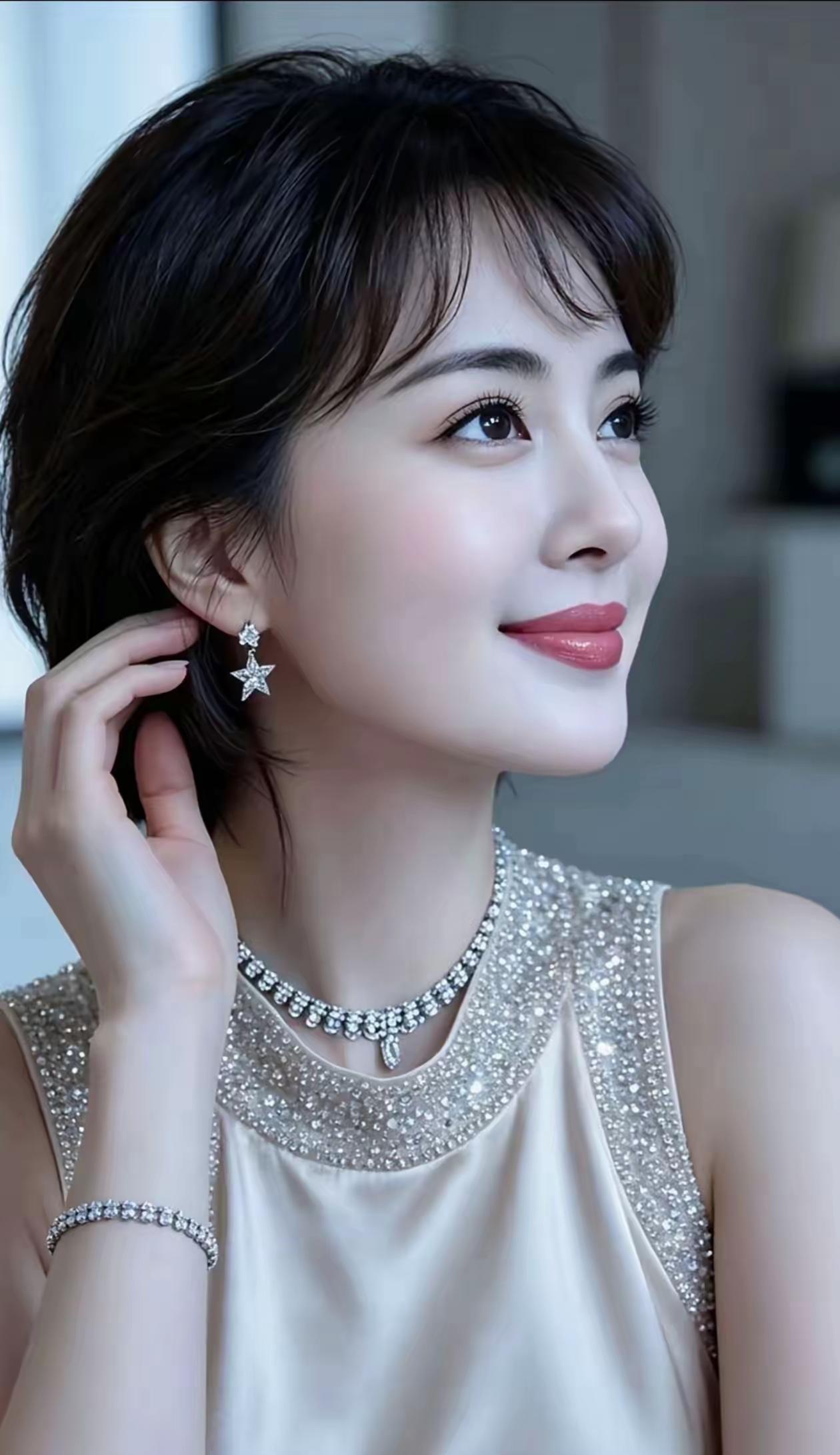 这位美女戴着闪亮的星星耳环。