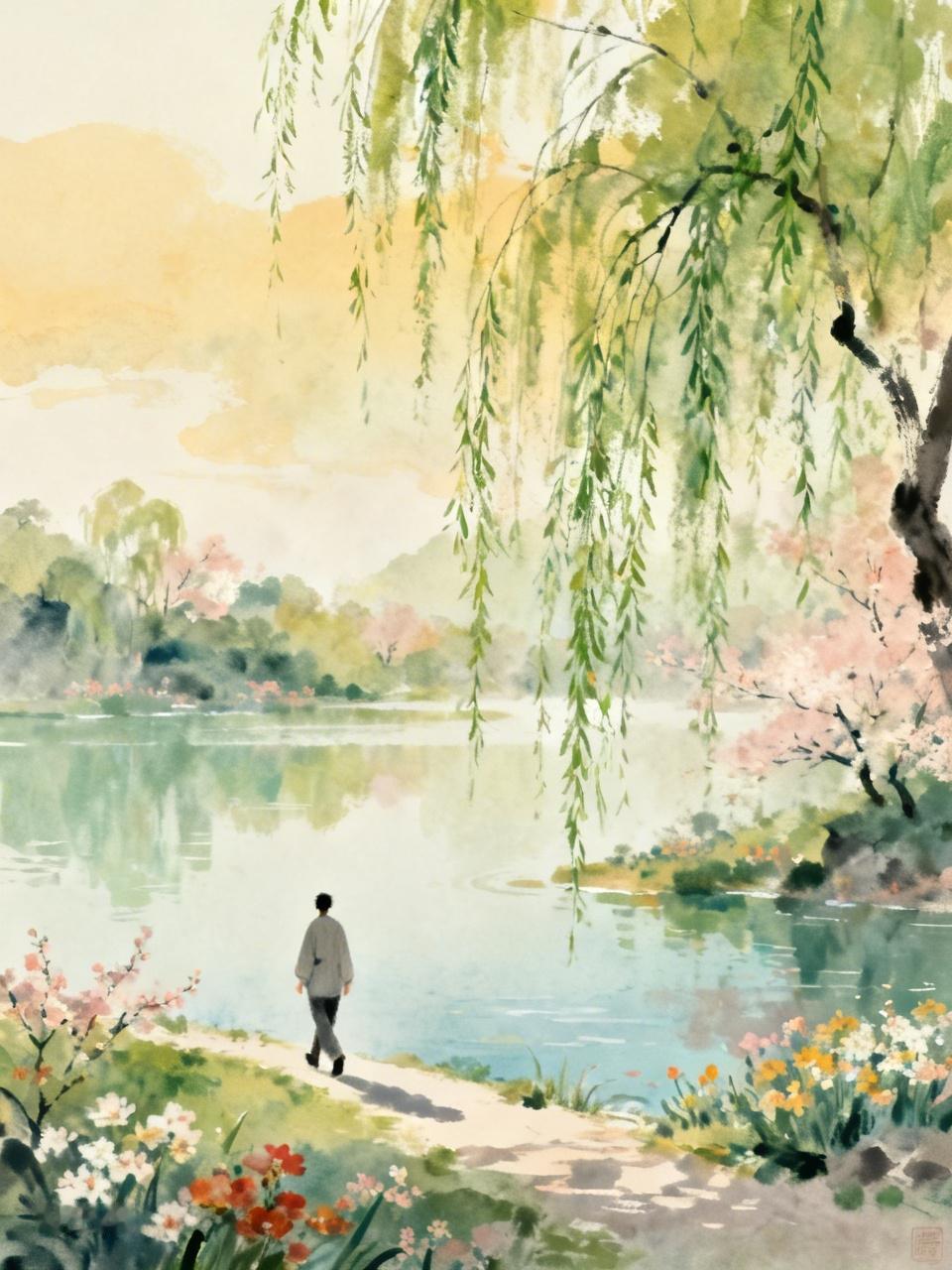七绝•春行
 独抱闲情过柳烟，
灵山秀水碧连天。
暄风亦爱春光好，
搅动香气满人
