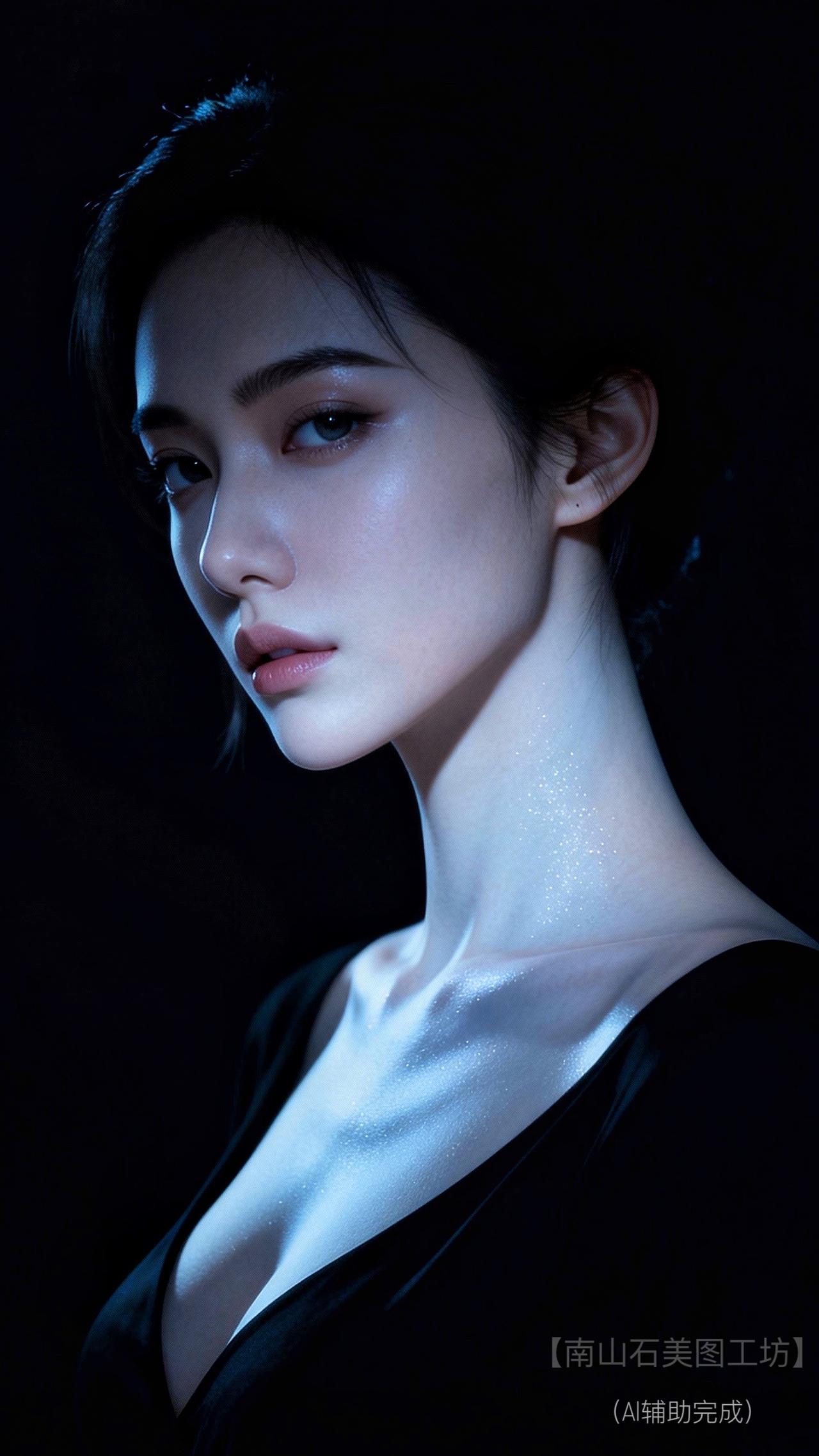 暗夜为幕，她是光的精灵。黑裙曳出优雅弧度，柔光吻过肩颈，肌肤似缀星芒。眸中藏万象