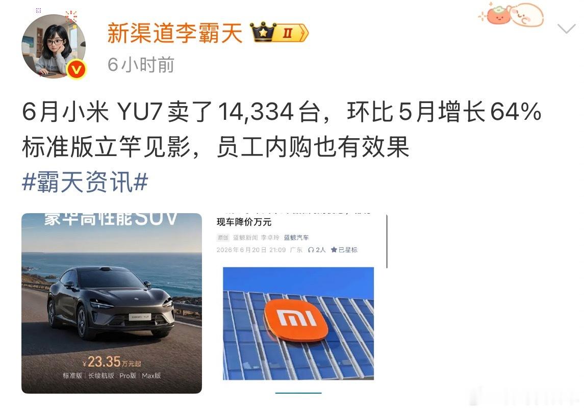 6月小米yu7卖了14334台，总的销量破3万台，那么小米su7在6月只卖了15