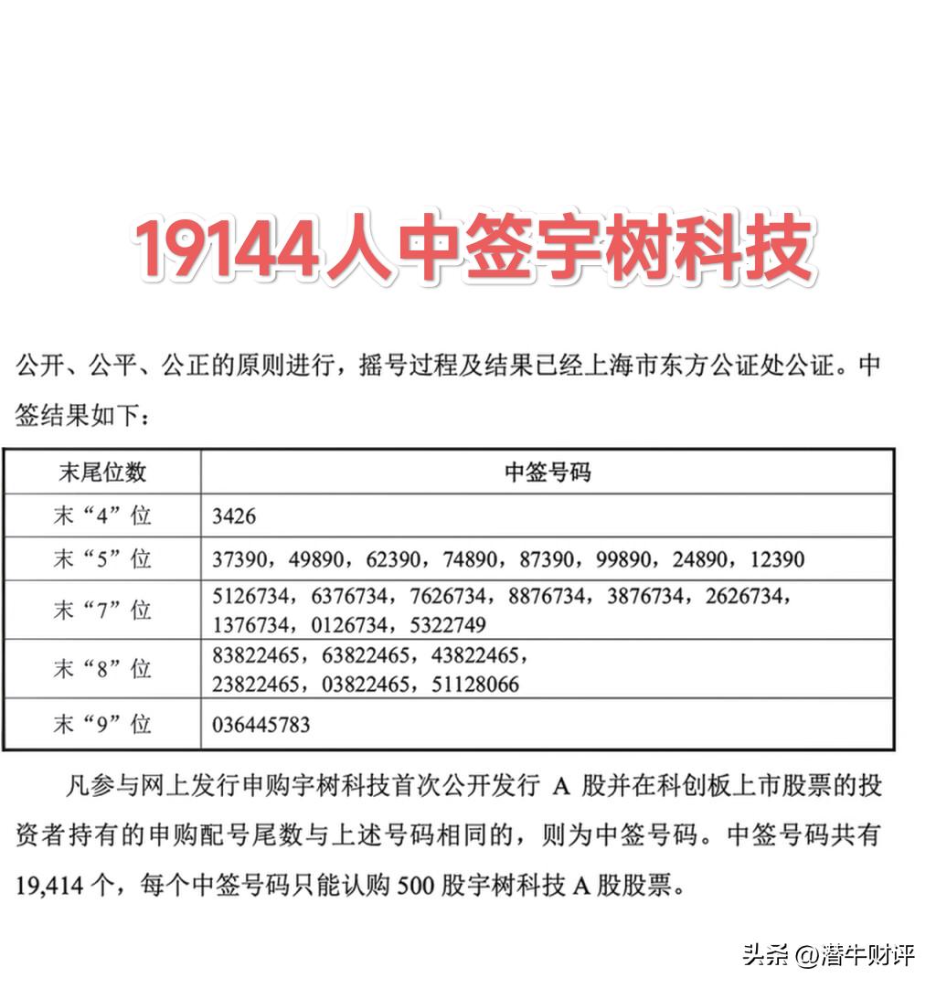 宇树科技中签号及中签结果出炉！
19144人幸运中签！
每签500股，发行价15