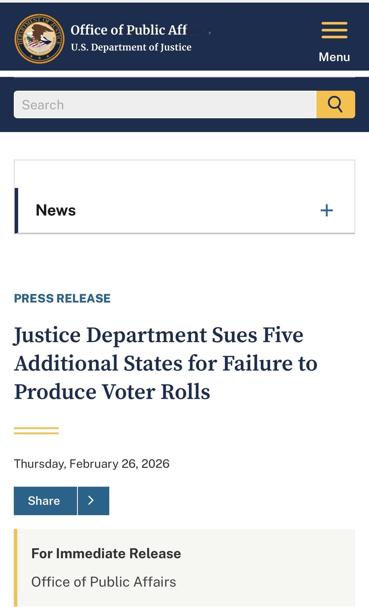 美国司法部起诉另外五个州，指控其未能提供选民登记册

今天，司法部@CivilR