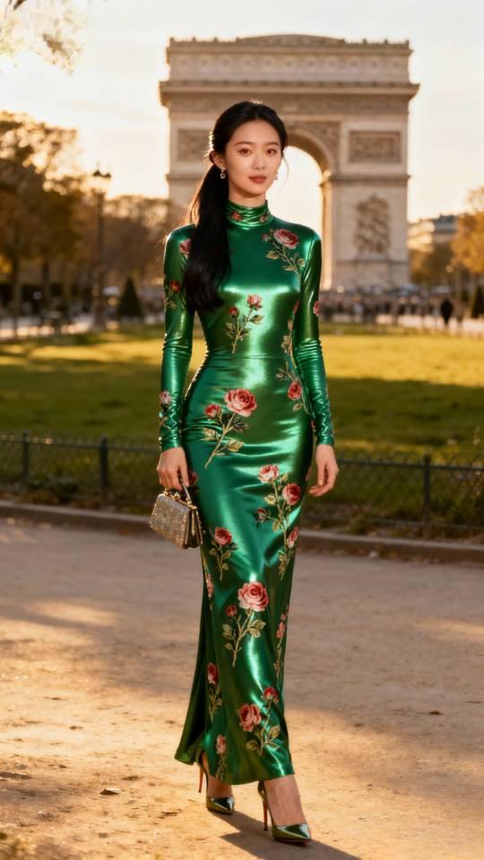 绿色连衣裙女子法国巴黎凯旋门留影。连衣裙 绿色气质连衣裙
