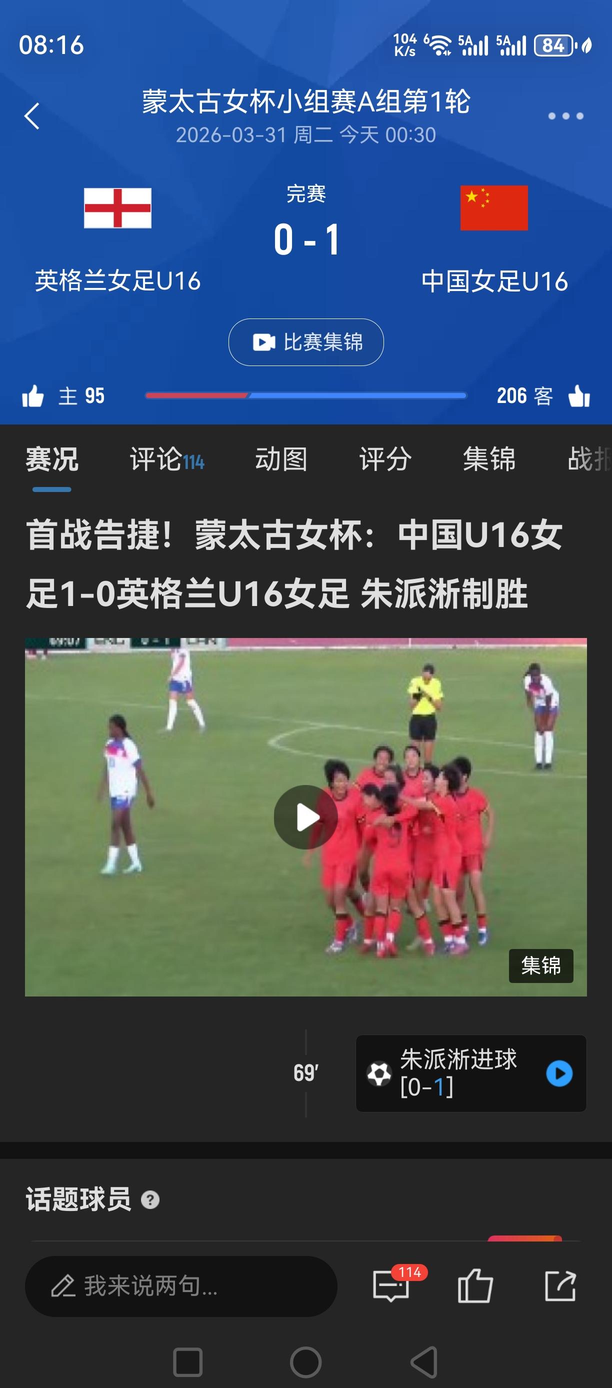 蒙太古杯！∪16女足开门红！1：0！还赢的是英格兰！[赞][赞][赞][赞]
就