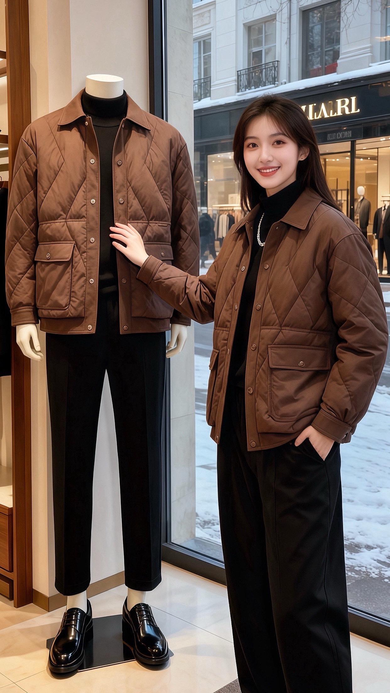 初雪落满橱窗时，许妍裹着那件棕调菱格外套推门进了男装店。  翻领软得像...