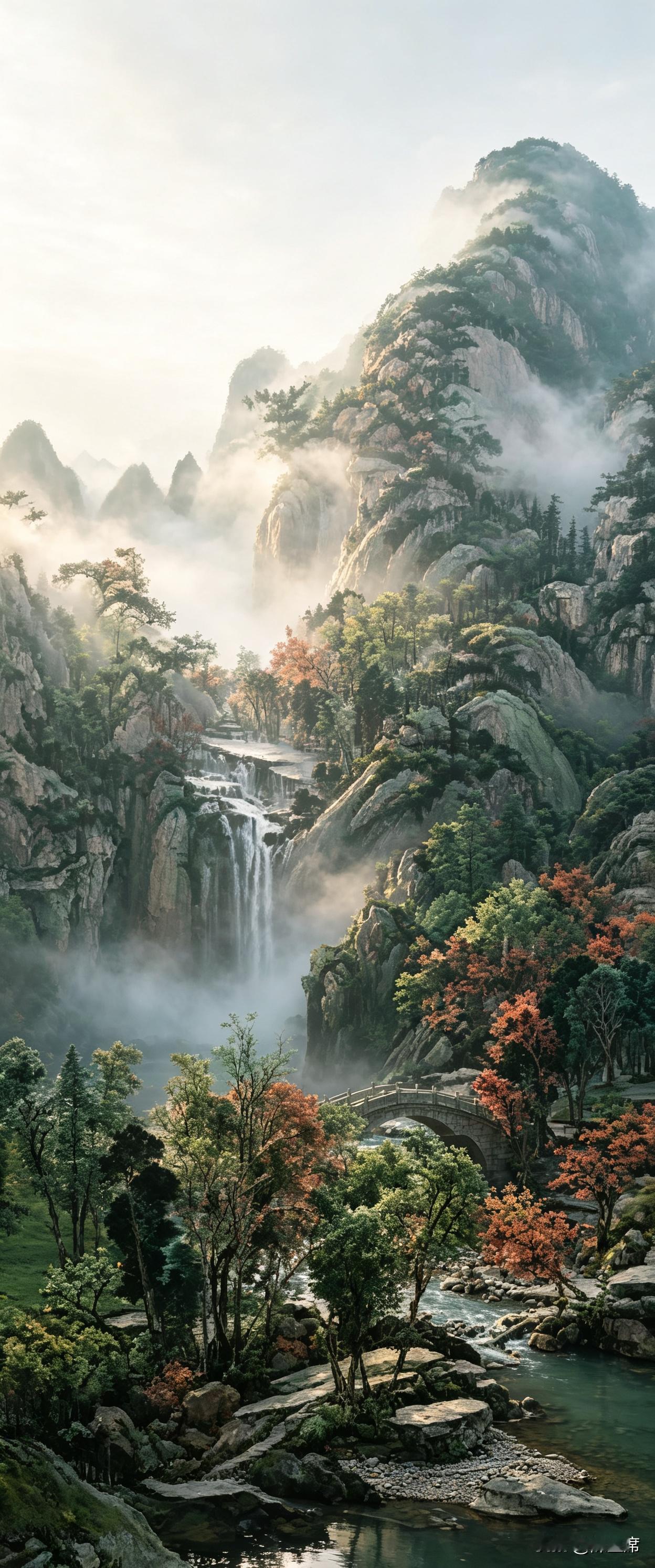 抬眼望去，远山被薄雾轻笼，层林深浅交错。秋风穿过疏林，簌簌作响，像是千百年古人留