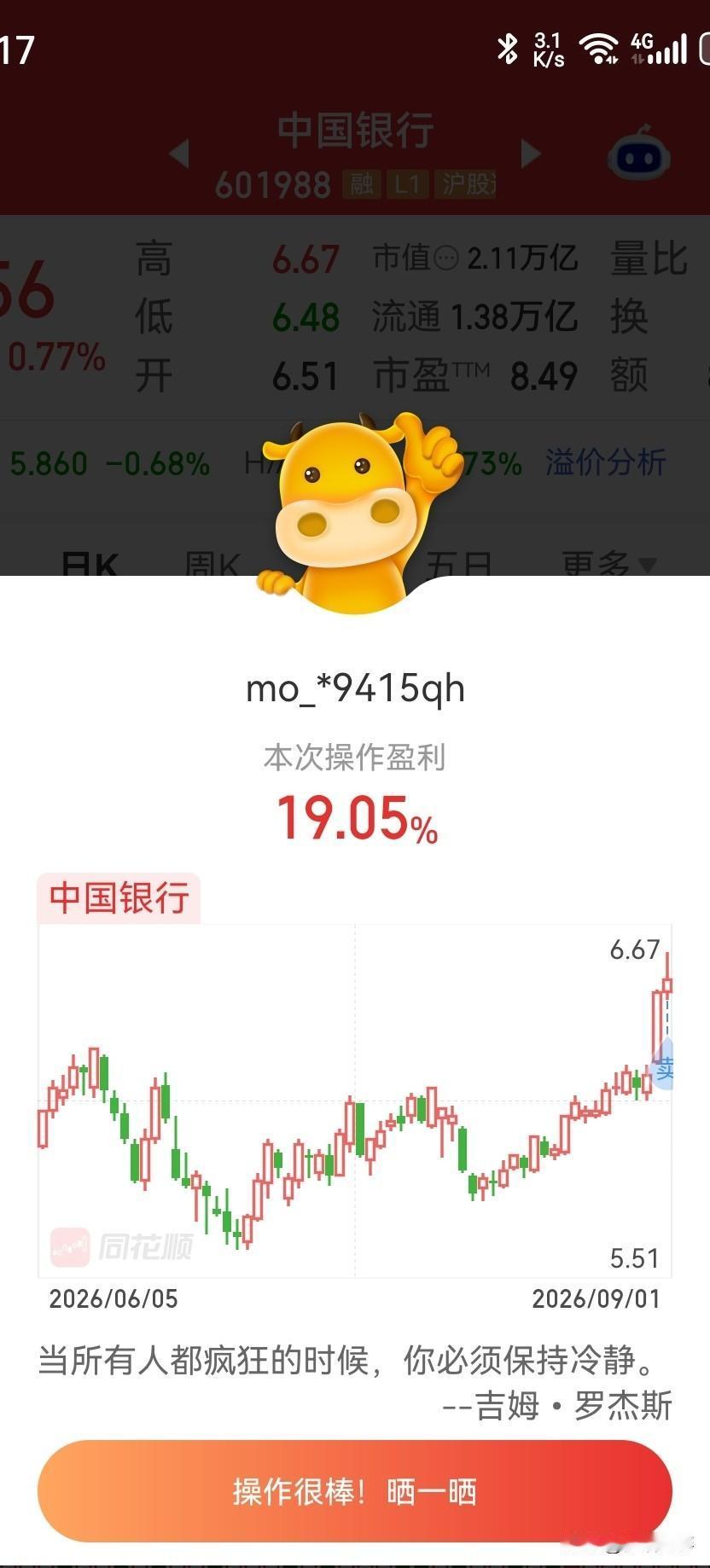 中国银行，清了，
等回调点再接回来。