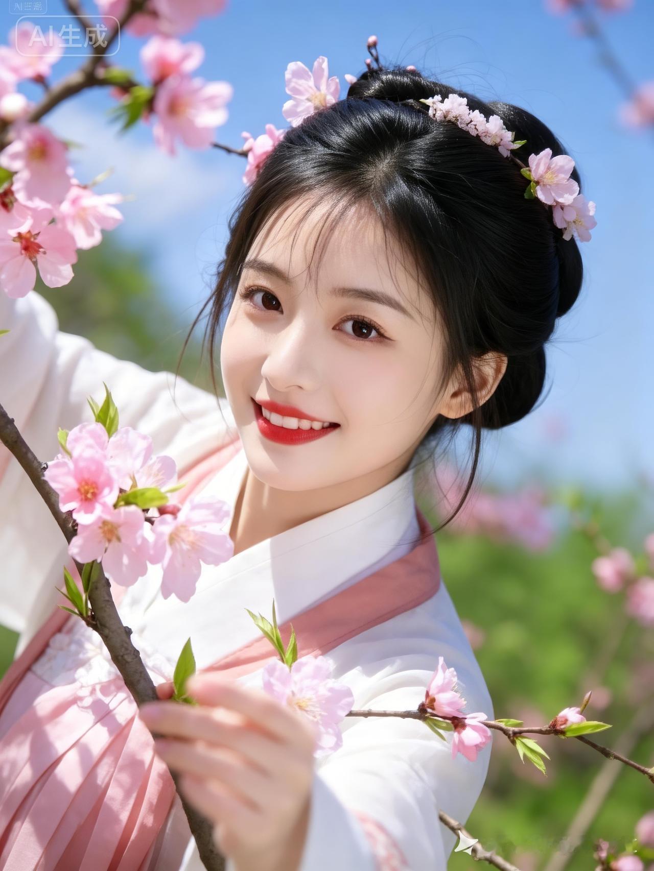 立春暖阳轻拂，古风少女着锦绣襦裙，拈枝浅笑。眉眼精致，桃枝新芽轻倚肩头，春风拂动