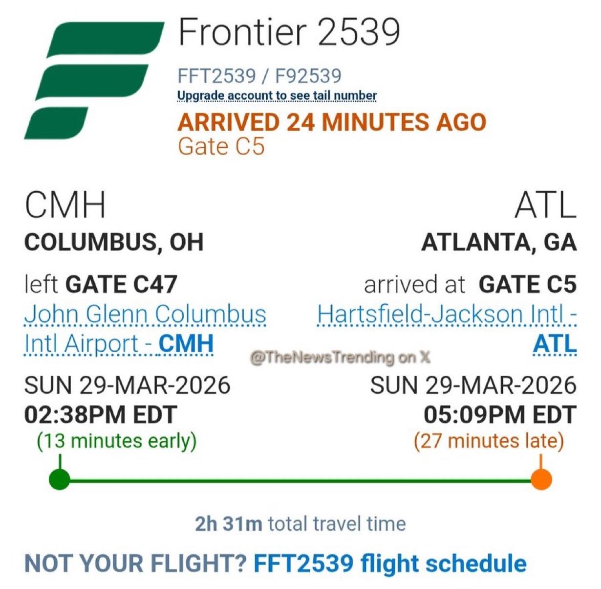美国佐治亚州亚特兰大——边疆航空F92539航班从俄亥俄州哥伦布起飞后，在机组人