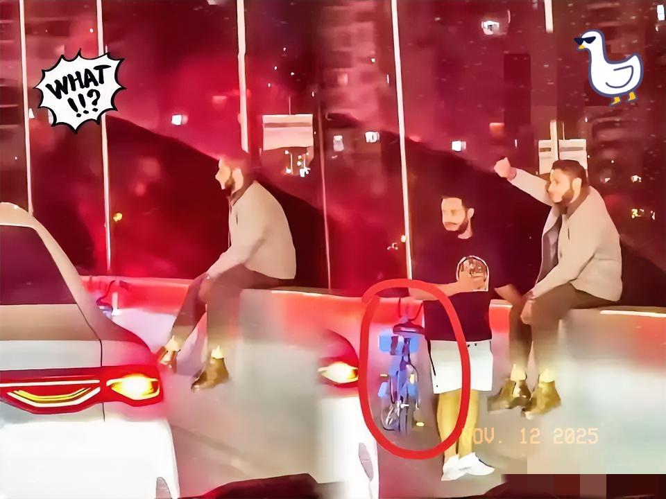 上海高架上这幕真看傻了！俩外国男子骑着共享单车上高架，还敢在车流里拍照打卡，简直