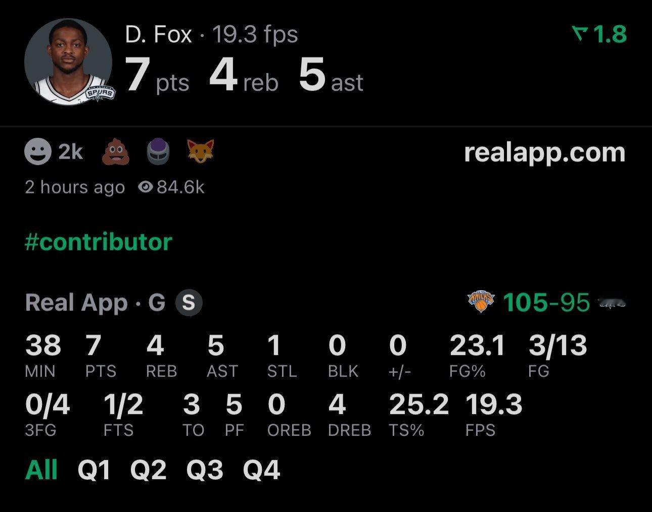 福克斯下一场应该会回暖吧，不然首发都不保了。NBA尼克斯vs马刺