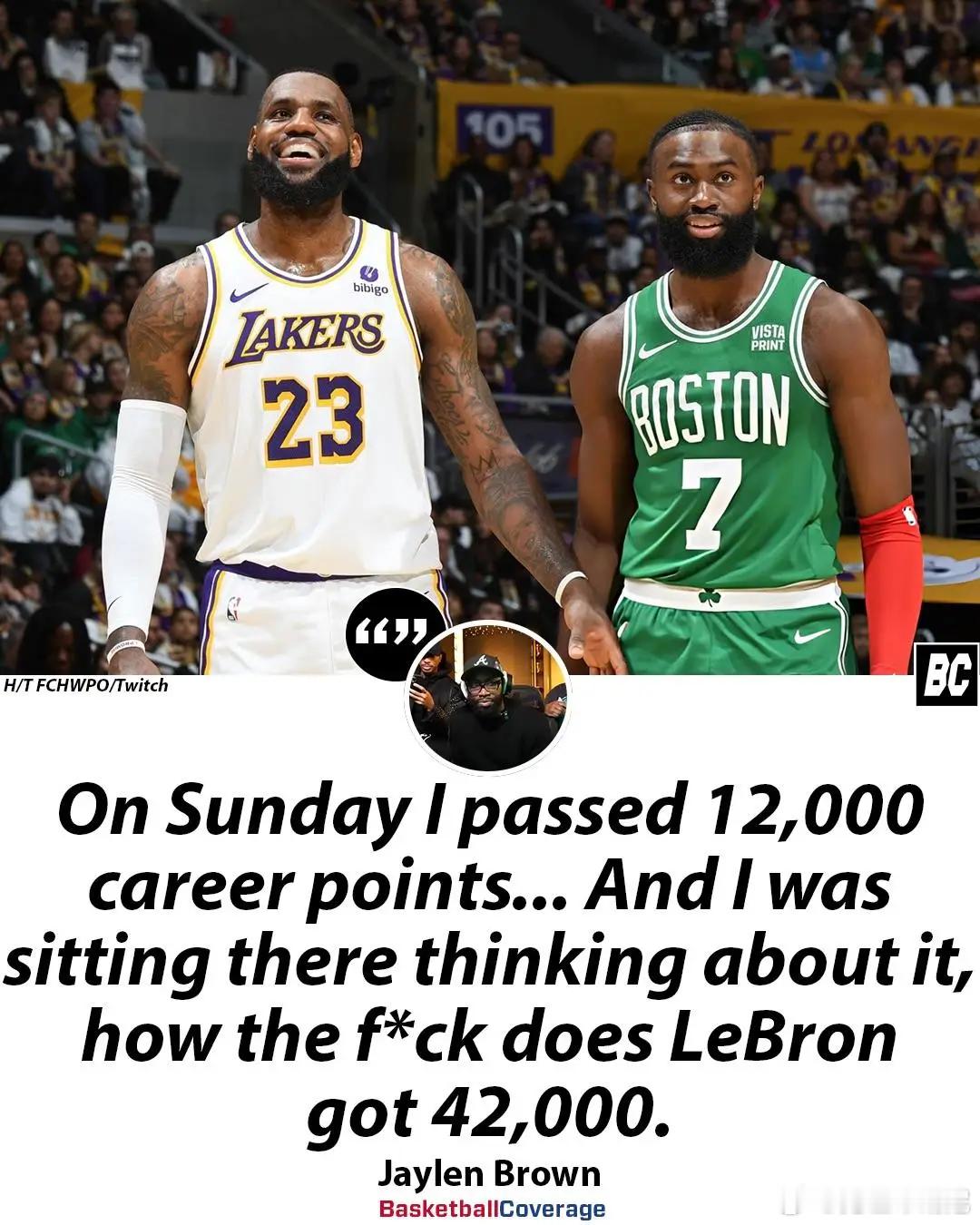 杰伦布朗："周日我生涯总得分突破12000分...坐在那里思考时不禁疑惑，詹姆斯
