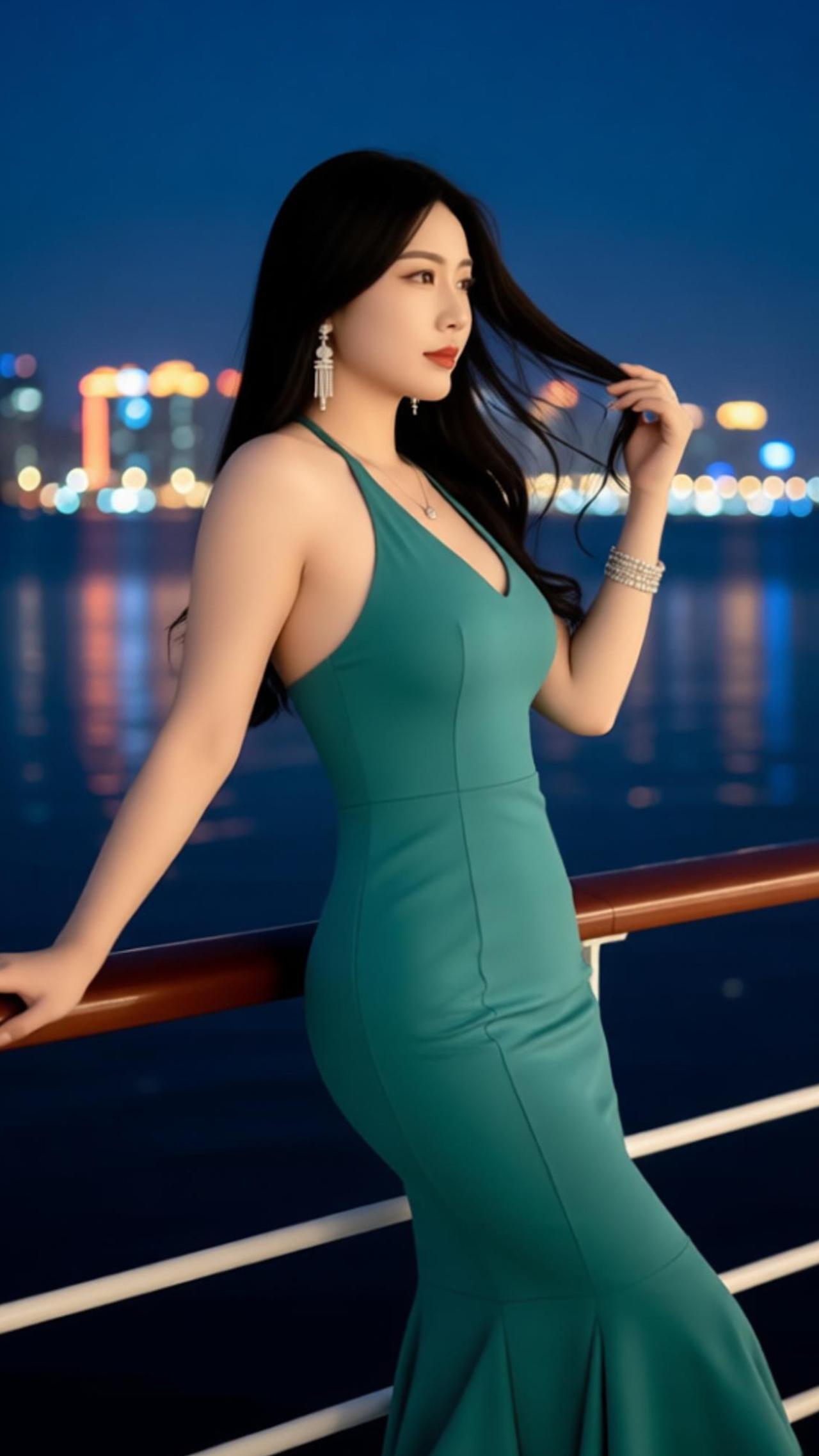 夜幕下的江边，她一袭墨绿鱼尾裙，衬得身姿愈发曼妙。身后是流光溢彩的城市天际线，倒
