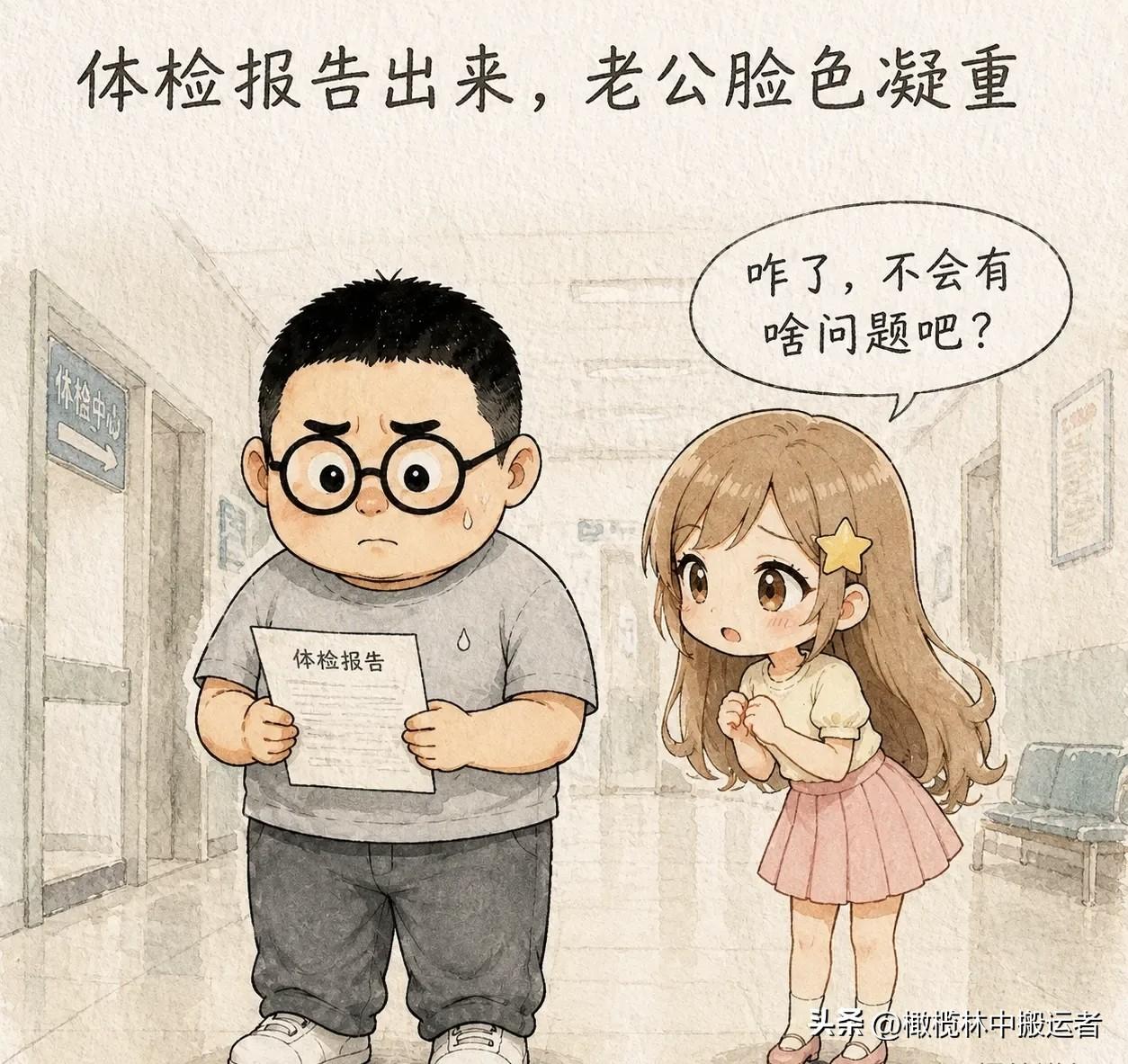 推荐有趣的漫画：体检报告出来，老公脸色凝重。老婆紧张：「咋了，不会有啥问题吧？」