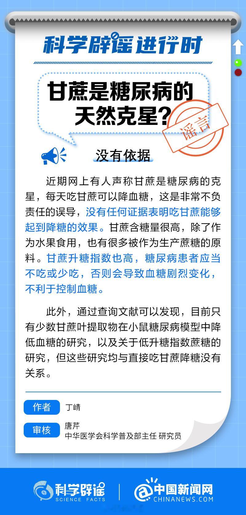 【甘蔗是糖尿病的天然克星?】#科学辟谣进行时#吃甘蔗并不能降血糖#有人声称“甘蔗