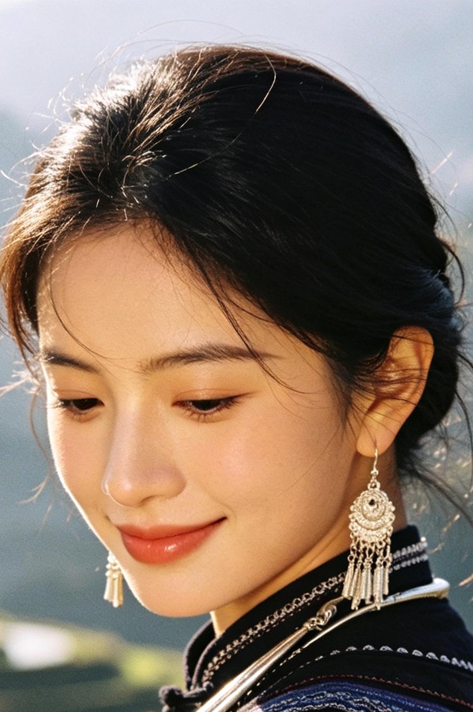 泥土与山水浸润的哈尼少女，朴实无华。不刻意雕琢容貌，眉眼温润坦然，举手投足带着民