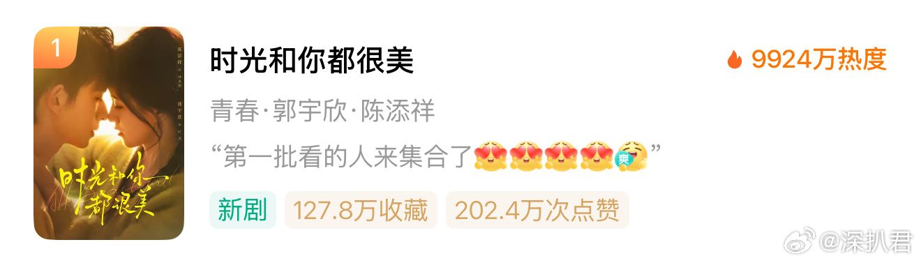 🎉陈添祥×郭宇欣的『时光与你都很美』首日热度9924！位列短国目前校园剧热度t