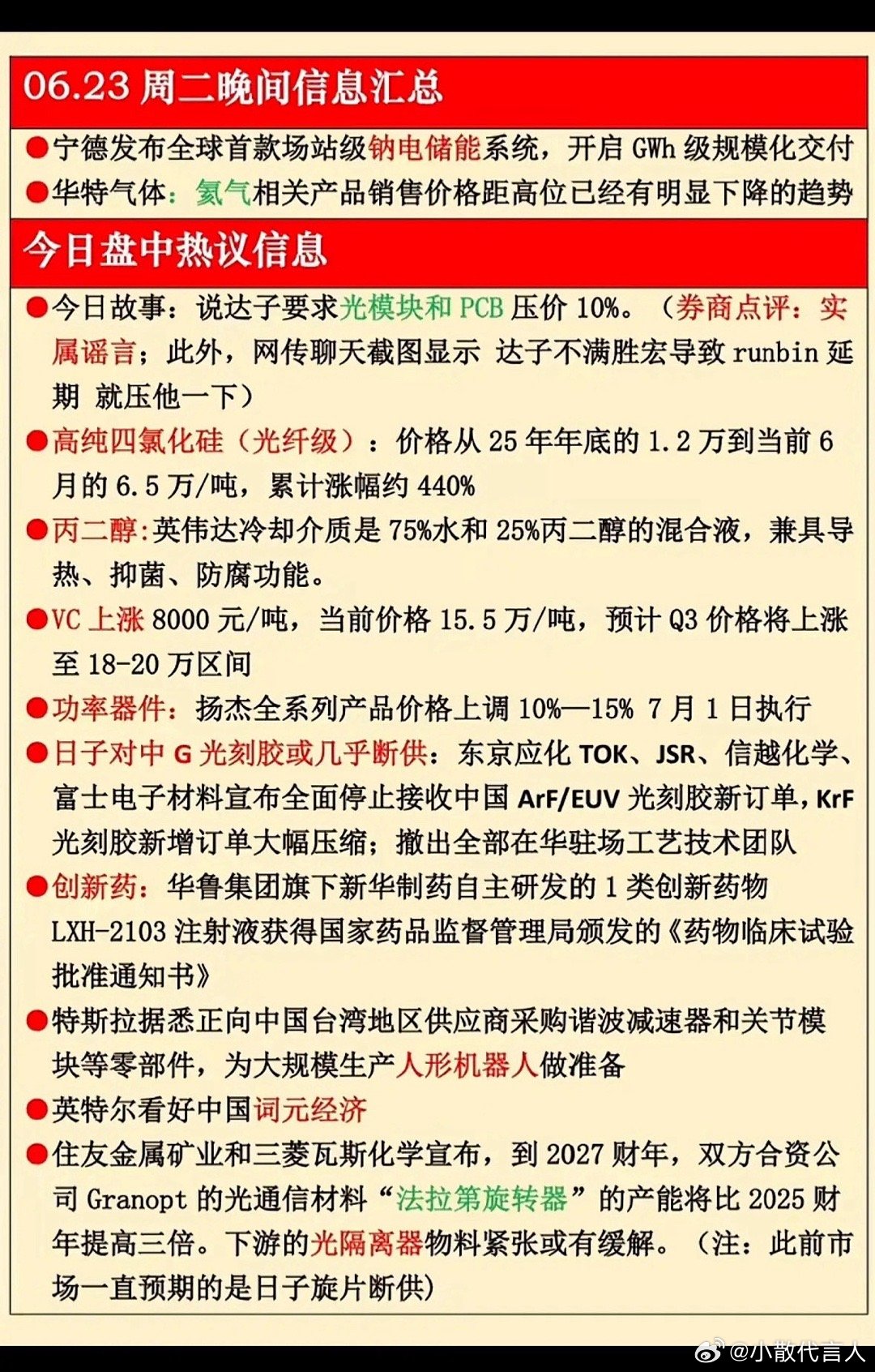 6月23日周二晚间新闻钠电储能全球首发！光刻胶断供传闻、人形机器人备货，科技圈今