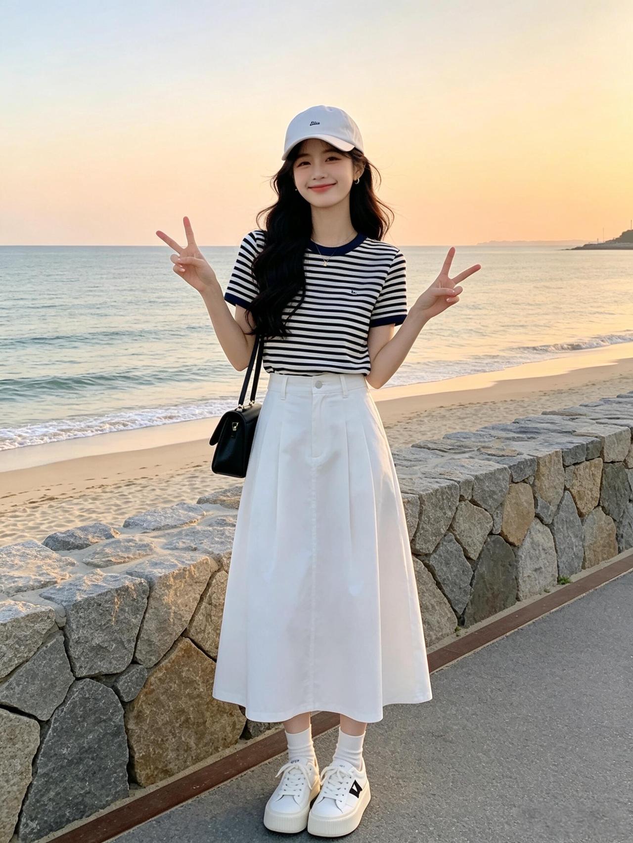 海边少女条纹衫+长裙微笑比V阳光正好海边度假少女风