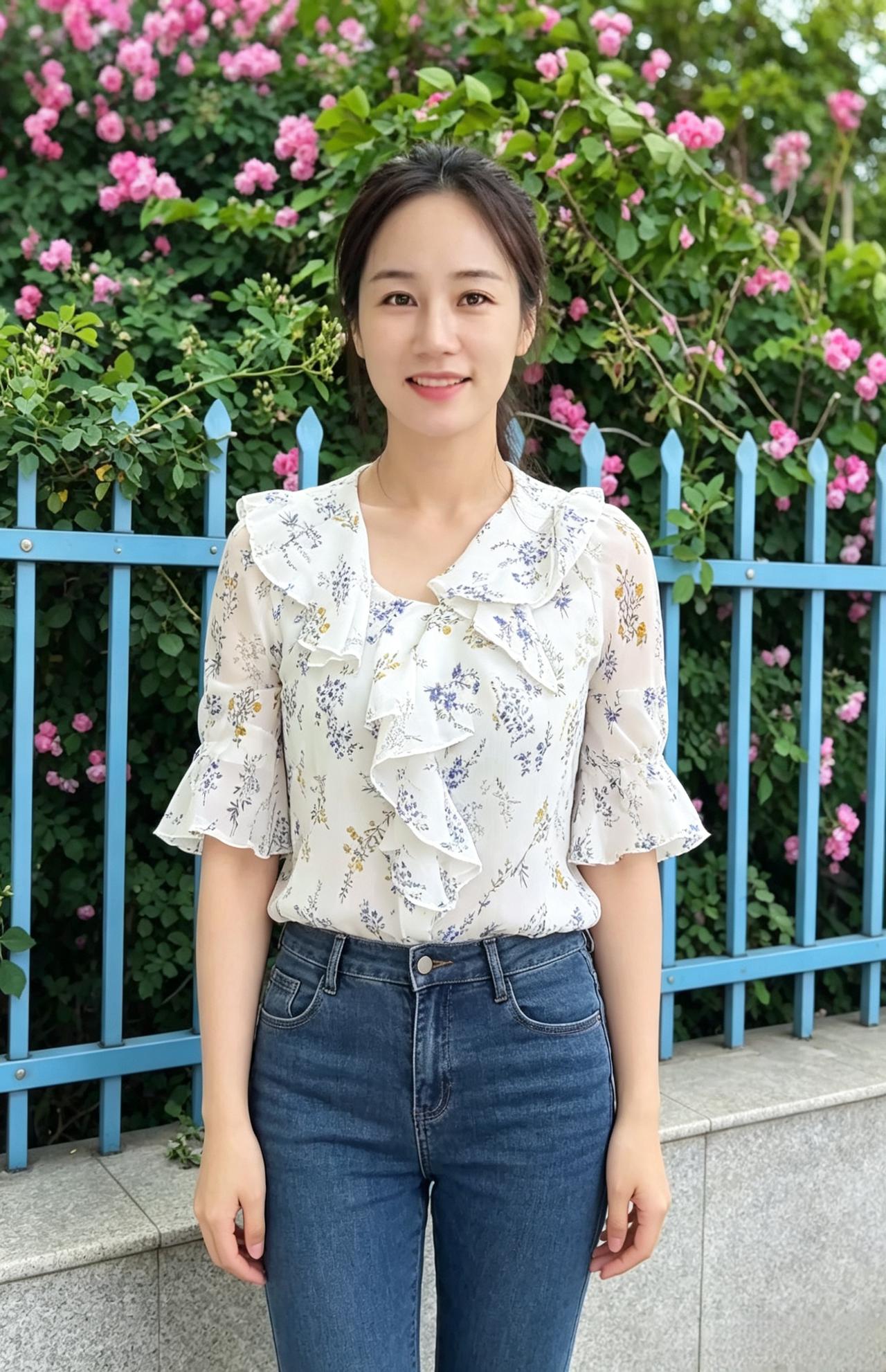 满园繁花肆意盛放
蓝栏绿植衬你的模样
衣衫上的碎花
与身后花海相撞
撞出一整个春