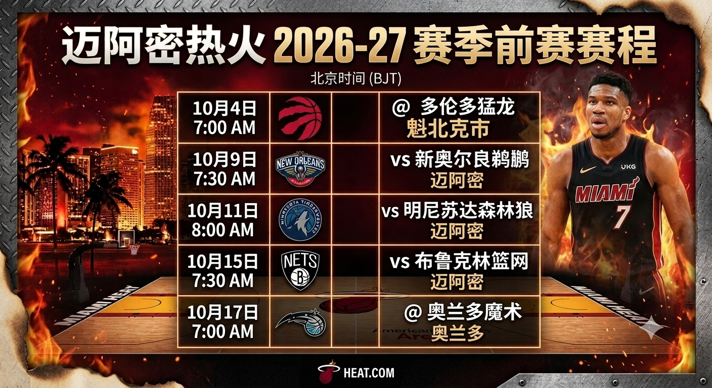 热火2026-27赛季季前赛已公布赛程及北京时间版赛程海报据此前已经公布的信息，
