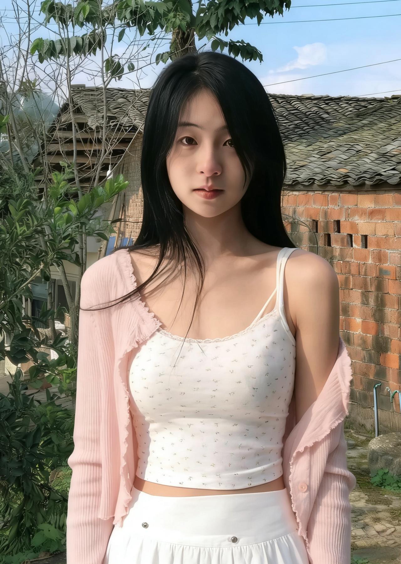 粉衫轻搭素罗裳，立向砖垣对晴光。
笑靥如花凝睇处，清风偷送野花香。