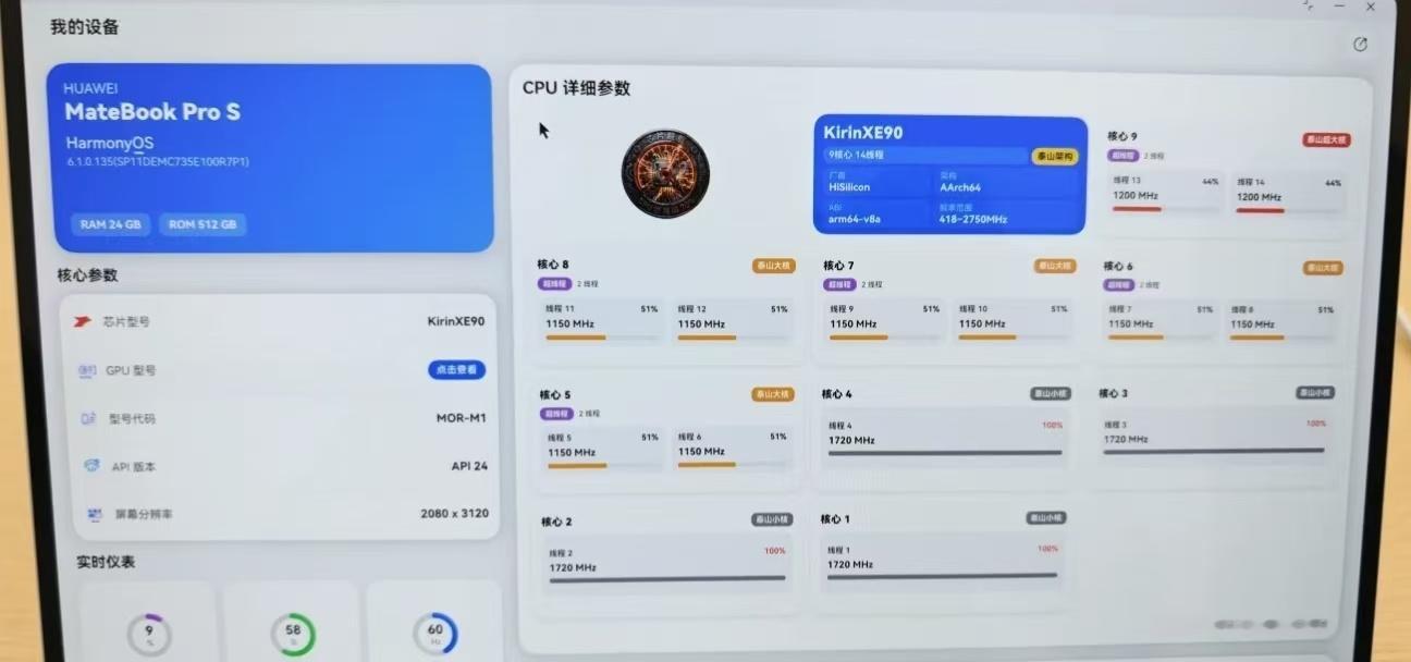 大家都在好奇麒麟XE90是什么芯片，可以看到架构是1+4+4，和9030Pro完