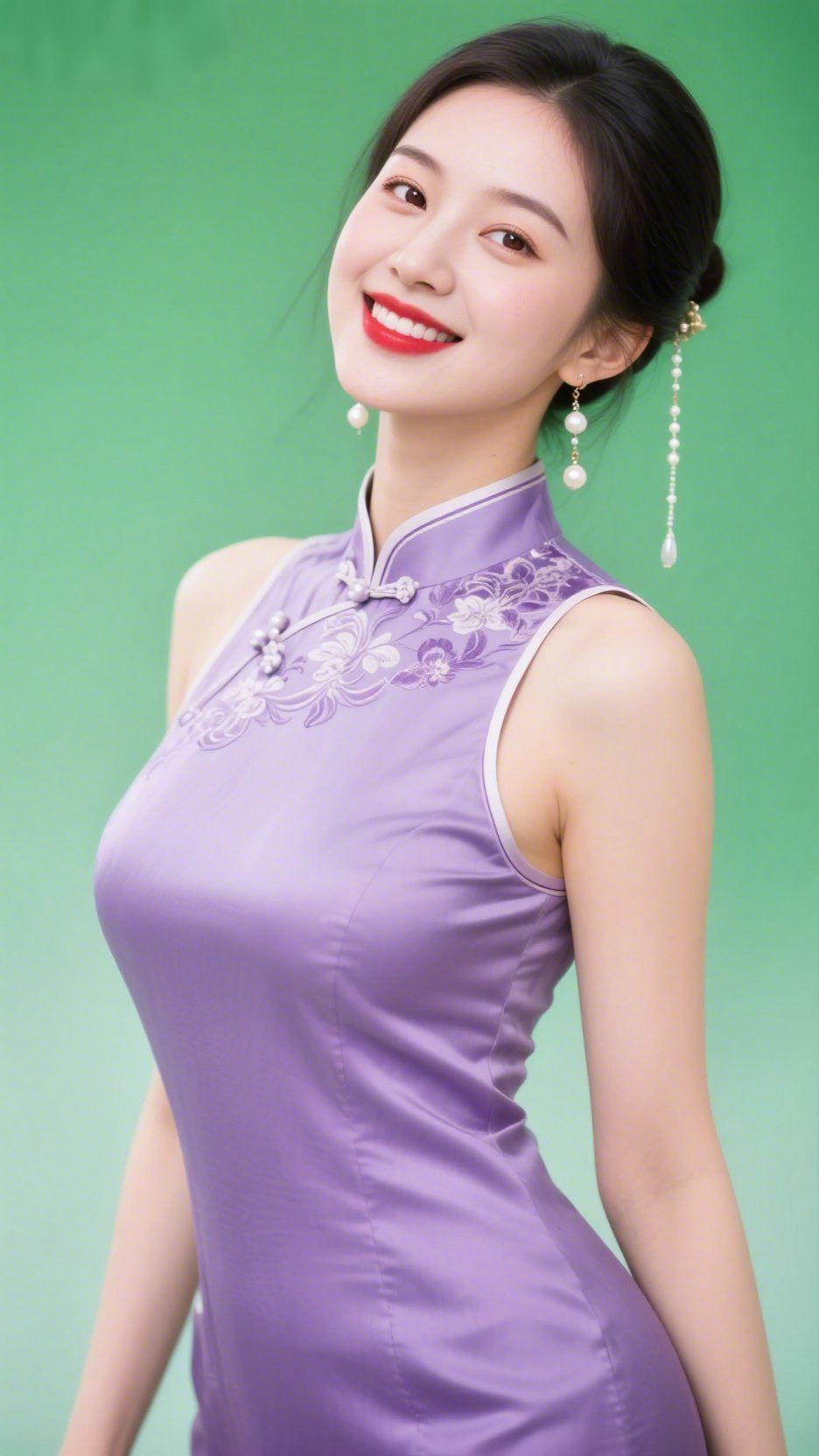 《紫缎里的轻雅笑意》
 
浅紫缎面裹着清柔气息，襟前绣纹如晕开的花影，与领口盘扣