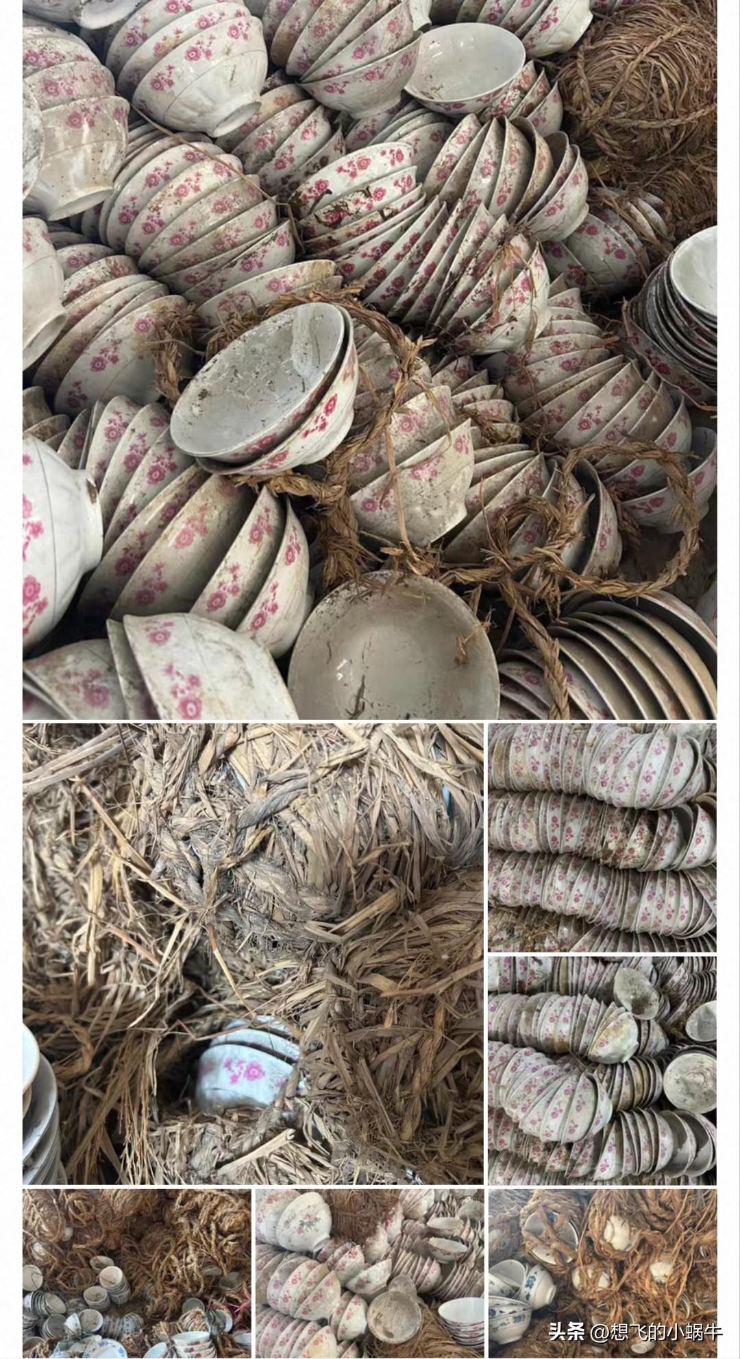 刷到这么多用草绳捆起来的碗，就想到小时候了，太苦了！
大冬天的爸妈拉着一三轮车碗