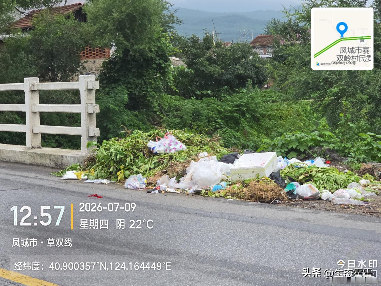 2026年7月9日12点57分，凤城市草双线赛双岭村委会附近桥梁路边，生活垃圾、