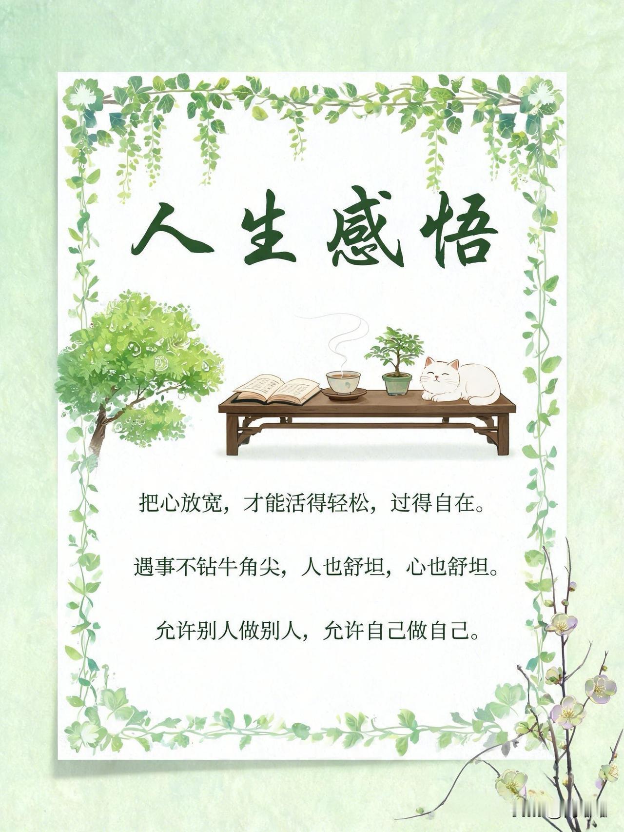 人生感悟：把心放宽，才能活得轻松，过得自在。遇事不钻牛角尖，人也舒服，心也舒坦。