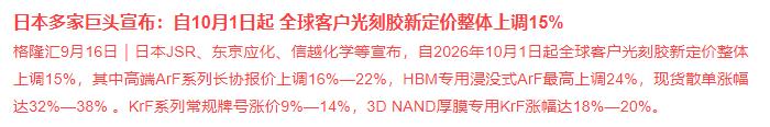 光刻胶，涨价了，而且这次是动真格的，不是小打小闹。
格隆汇9月16日消息，日本几