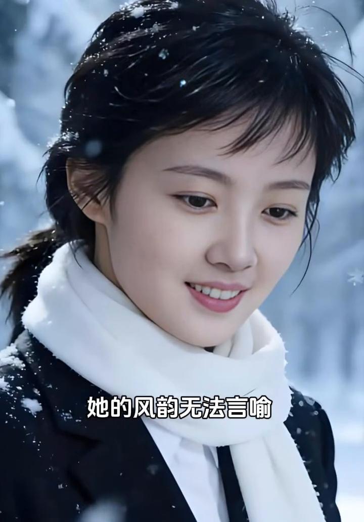 她的风韵无法言喻，恰似谷底幽兰乌发飘逸，肌肤晶莹胜雪。白围巾衬出颈部流畅的线条，